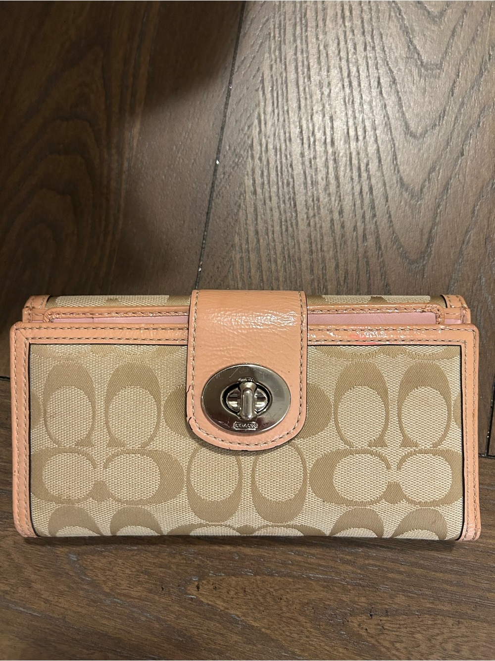 Coach Beige Signature Canvas Wallet with Peach Trim